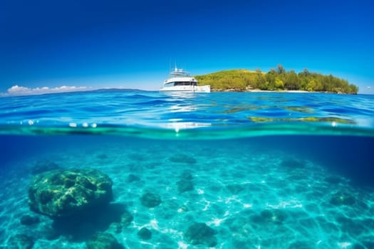 A magnificent yacht with a majestic design, quietly floats atop clear blue waters, with lush tropical island in the background. The luxurious exterior of the yacht and its impeccable finish look lustrous in the shimmering golden light that falls upon it. (generative AI)