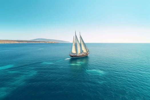 A massive luxury yacht sails through the crystal-clear waters of the Mediterranean Sea, its well-appointed decks providing every comfort imaginable for its wealthy passengers. The yacht's crew attends to their every need, ensuring a carefree and indulgent experience. (generative AI)