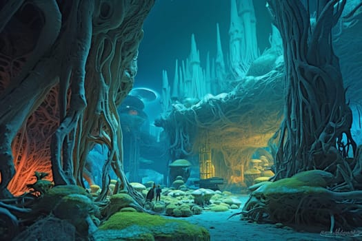 This surreal and mysterious underwater world is filled with towering, neon-lit coral structures and ethereal bioluminescent sea creatures. The scene is both awe-inspiring and eerie, drawing the viewer into an otherworldly realm. (generative AI)