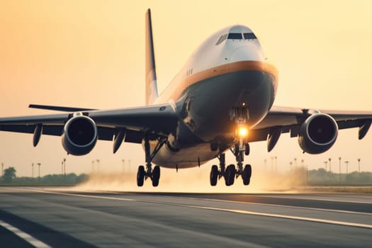A gargantuan cargo plane rumbles down the runway of a bustling international airport, preparing for takeoff on another global delivery mission. Its massive engines roar and the plane lifts off into the sky, carrying a payload of goods worth millions of dollars. (generative AI)