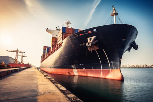 A massive cargo ship sits docked at a bustling seaport, surrounded by stacks of shipping containers and the hustle and bustle of workers loading and unloading cargo. The sheer scale of the ship is awe-inspiring, creating a memorable and striking scene. (generative AI)