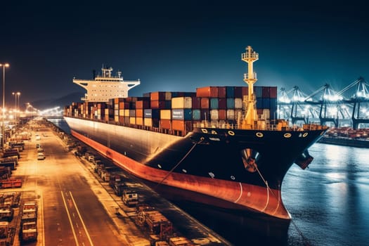 A massive cargo ship sits docked at a bustling seaport, surrounded by stacks of shipping containers and the hustle and bustle of workers loading and unloading cargo. The sheer scale of the ship is awe-inspiring, creating a memorable and striking scene. (generative AI)