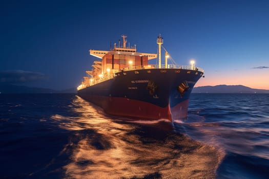 The large cargo ship cuts through the dark ocean water at night, its powerful engines propelling it forward as it transports goods across the world. The lights of the ship and the stars overhead create a beautiful contrast in the blackness of the open ocean. (generative AI)