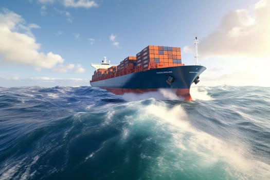 A giant cargo ship weathers the storm as it navigates through turbulent ocean waves. The ship's immense size and powerful engines allow it to make steady progress, despite the challenging conditions. (generative AI)