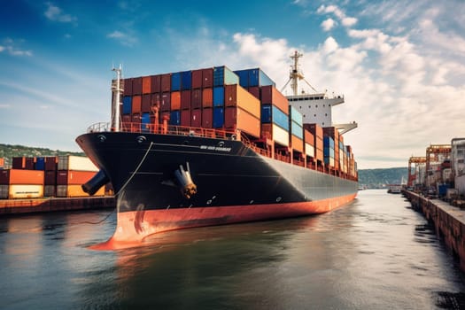 A massive cargo ship sits docked at a bustling seaport, surrounded by stacks of shipping containers and the hustle and bustle of workers loading and unloading cargo. The sheer scale of the ship is awe-inspiring, creating a memorable and striking scene. (generative AI)