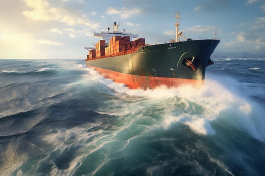 A giant cargo ship weathers the storm as it navigates through turbulent ocean waves. The ship's immense size and powerful engines allow it to make steady progress, despite the challenging conditions. (generative AI)