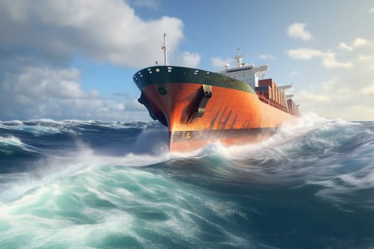 A giant cargo ship weathers the storm as it navigates through turbulent ocean waves. The ship's immense size and powerful engines allow it to make steady progress, despite the challenging conditions. (generative AI)