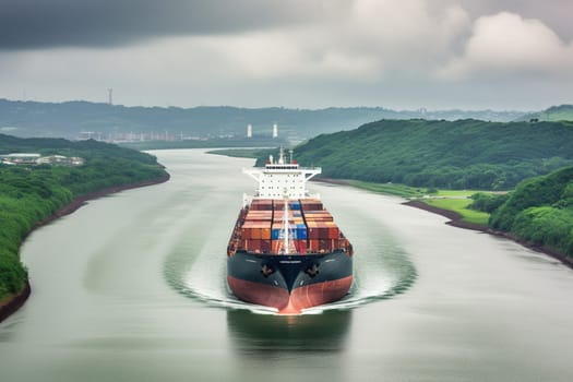 A majestic cargo ship sails through the narrow locks of the Panama Canal, its massive bulk barely fitting through the tight space. The ship's massive engines roar as it makes its way through the iconic waterway, delivering goods from one side of the continent to the other. (generative AI)