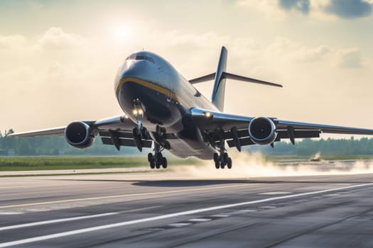 A gargantuan cargo plane rumbles down the runway of a bustling international airport, preparing for takeoff on another global delivery mission. Its massive engines roar and the plane lifts off into the sky, carrying a payload of goods worth millions of dollars. (generative AI)