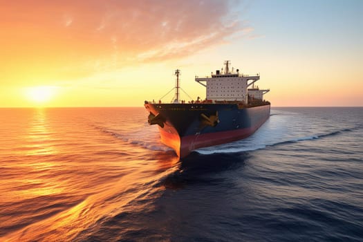 Under the warm glow of the rising sun, a giant cargo ship plows through the calm seas, carrying its precious cargo from one side of the world to the other. The ship's towering cranes and massive containers dwarf the crew members scurrying about on the deck below. (generative AI)