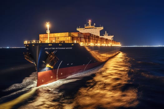 The large cargo ship cuts through the dark ocean water at night, its powerful engines propelling it forward as it transports goods across the world. The lights of the ship and the stars overhead create a beautiful contrast in the blackness of the open ocean. (generative AI)