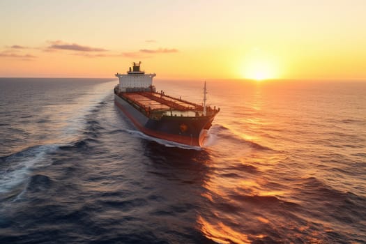 Under the warm glow of the rising sun, a giant cargo ship plows through the calm seas, carrying its precious cargo from one side of the world to the other. The ship's towering cranes and massive containers dwarf the crew members scurrying about on the deck below. (generative AI)