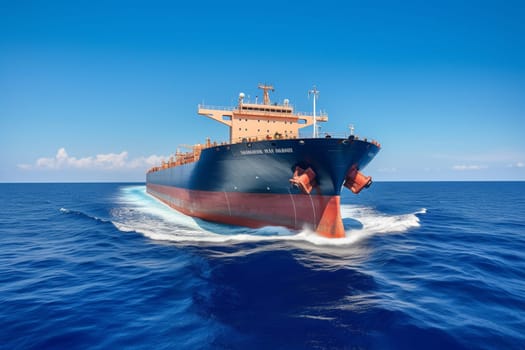 A colossal cargo ship plows through the tranquil waters of the ocean, its towering masts reaching towards the clear blue sky. The ship's massive hull is capable of carrying an enormous load of goods across vast distances, making it an essential component of international trade and commerce. (generative AI)