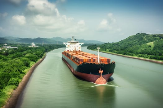 A majestic cargo ship sails through the narrow locks of the Panama Canal, its massive bulk barely fitting through the tight space. The ship's massive engines roar as it makes its way through the iconic waterway, delivering goods from one side of the continent to the other. (generative AI)