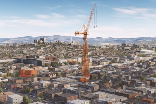 The construction crane looms over the city skyline, a symbol of progress and development. The commanding perspective of the photo showcases the sheer size and power of the machine as it works to create new buildings and infrastructure in the urban environment. (generative AI)