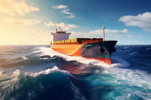 A giant cargo ship weathers the storm as it navigates through turbulent ocean waves. The ship's immense size and powerful engines allow it to make steady progress, despite the challenging conditions. (generative AI)