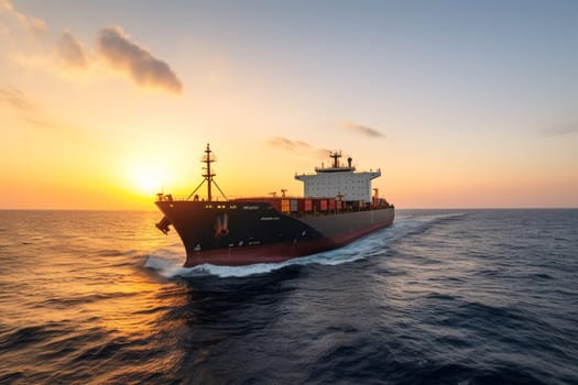 Under the warm glow of the rising sun, a giant cargo ship plows through the calm seas, carrying its precious cargo from one side of the world to the other. The ship's towering cranes and massive containers dwarf the crew members scurrying about on the deck below. (generative AI)