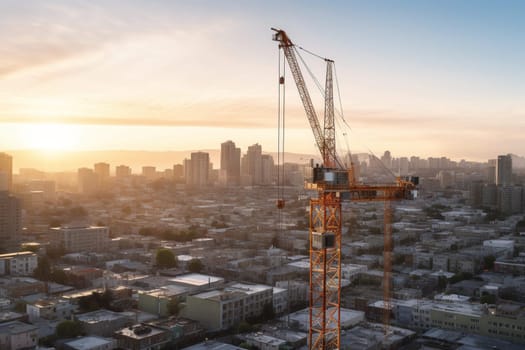 The construction crane looms over the city skyline, a symbol of progress and development. The commanding perspective of the photo showcases the sheer size and power of the machine as it works to create new buildings and infrastructure in the urban environment. (generative AI)