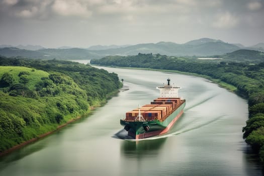 A majestic cargo ship sails through the narrow locks of the Panama Canal, its massive bulk barely fitting through the tight space. The ship's massive engines roar as it makes its way through the iconic waterway, delivering goods from one side of the continent to the other. (generative AI)