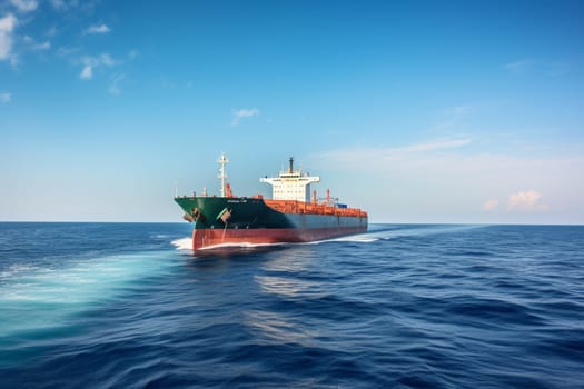 A colossal cargo ship plows through the tranquil waters of the ocean, its towering masts reaching towards the clear blue sky. The ship's massive hull is capable of carrying an enormous load of goods across vast distances, making it an essential component of international trade and commerce. (generative AI)