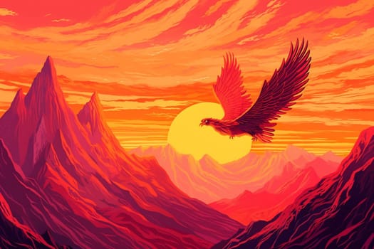 Phoenixes are legendary birds that are said to be able to regenerate from their own ashes. In this mystical scene, a majestic phoenix can be seen soaring over a mountain peak at sunrise, creating a divine and regal ambiance. The fiery colors of the phoenix and the panoramic point of view add to the majestic feeling of the scenery. (generative AI)