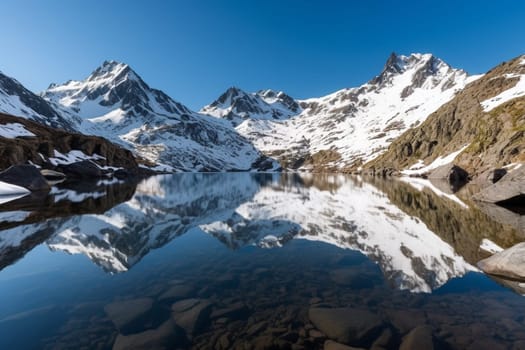 Enjoy the breathtaking view of snow-capped mountains towering over a calm lake, reflecting the surrounding landscape. The sharp focus and panoramic perspective of this stunning landscape make it a must-have for landscape photography enthusiasts. (generative AI)