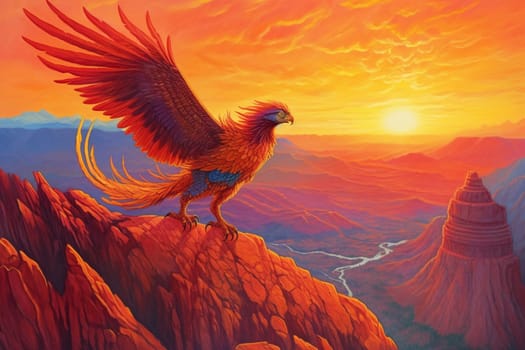 Phoenixes are legendary birds that are said to be able to regenerate from their own ashes. In this mystical scene, a majestic phoenix can be seen soaring over a mountain peak at sunrise, creating a divine and regal ambiance. The fiery colors of the phoenix and the panoramic point of view add to the majestic feeling of the scenery. (generative AI)