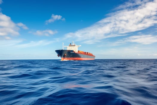 A colossal cargo ship plows through the tranquil waters of the ocean, its towering masts reaching towards the clear blue sky. The ship's massive hull is capable of carrying an enormous load of goods across vast distances, making it an essential component of international trade and commerce. (generative AI)