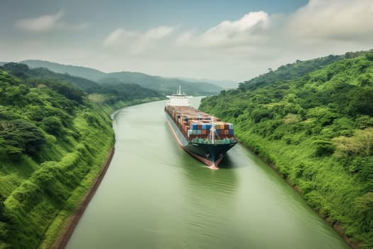A majestic cargo ship sails through the narrow locks of the Panama Canal, its massive bulk barely fitting through the tight space. The ship's massive engines roar as it makes its way through the iconic waterway, delivering goods from one side of the continent to the other. (generative AI)