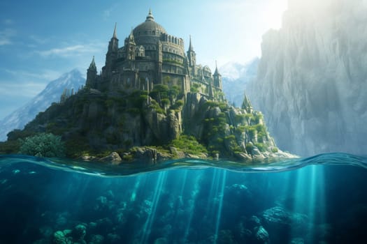 Discover a castle in the middle of the sea, perched atop an underwater mountain. The castle is surrounded by crystal clear waters and colorful marine life. The photorealistic rendering captures every sparkling detail of this awe-inspiring scene. (generative AI)