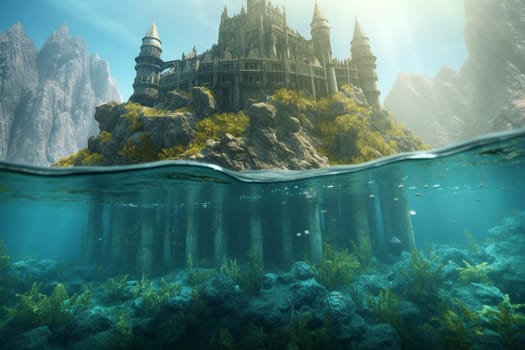 Discover a castle in the middle of the sea, perched atop an underwater mountain. The castle is surrounded by crystal clear waters and colorful marine life. The photorealistic rendering captures every sparkling detail of this awe-inspiring scene. (generative AI)
