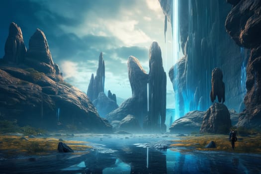 The majestic waterfall pouring over the clifftop in this alien landscape is a sight to behold. Surrounded by towering mountains, the dramatic lighting and surreal colors of the scene create an epic and cinematic atmosphere, worthy of any science fiction film. (generative AI)