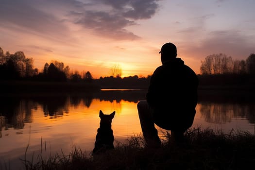 A man and his dog sit by a lake at sunset, their silhouette a peaceful symbol of companionship and contentment. The calm waters and warm colors of the sky create a serene atmosphere that is both natural and beautiful. This scene can evoke feelings of companionship, contentment, and a sense of being at one with the world. (generative AI)