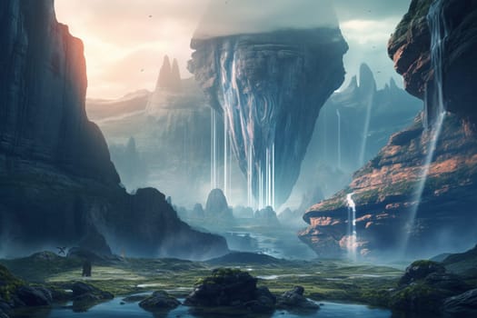The majestic waterfall pouring over the clifftop in this alien landscape is a sight to behold. Surrounded by towering mountains, the dramatic lighting and surreal colors of the scene create an epic and cinematic atmosphere, worthy of any science fiction film. (generative AI)