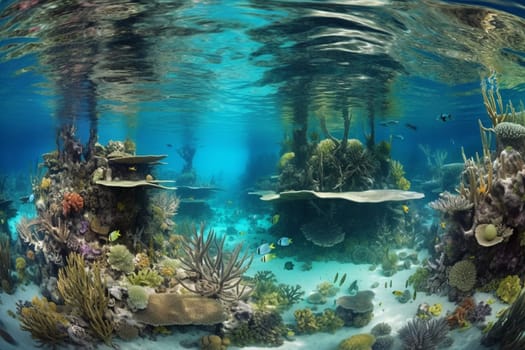 Gaze in awe at a stunning underwater archipelago that stretches as far as the eye can see. The panoramic view captures the vastness of the scene, while the photorealistic rendering and vibrant colors bring the landscape to life. (generative AI)