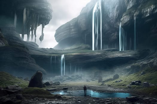 The majestic waterfall pouring over the clifftop in this alien landscape is a sight to behold. Surrounded by towering mountains, the dramatic lighting and surreal colors of the scene create an epic and cinematic atmosphere, worthy of any science fiction film. (generative AI)
