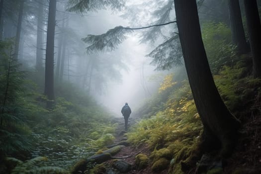 A man hikes through a misty forest at dawn, surrounded by the mystical beauty of nature. The dreamy, atmospheric surroundings create a serene and warm atmosphere, perfect for an adventurous hike. The mist adds to the mystery and intrigue of the scene, evoking feelings of wonder and appreciation. This photo can evoke feelings of adventure, awe, and inspiration. (generative AI)