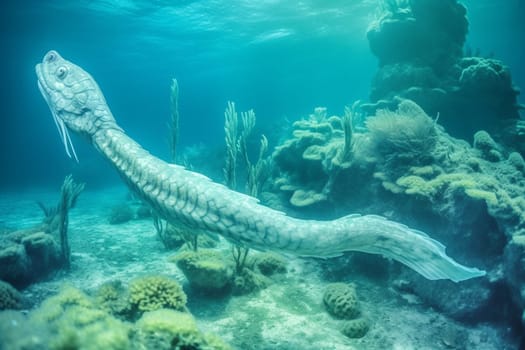 The sea serpent is a mythical creature that has been associated with water and the sea. In this image, the sea serpent is seen swimming elegantly through a coral reef, with the soft pastel colors creating an ethereal and dreamy scene that is truly magical. (generative AI)