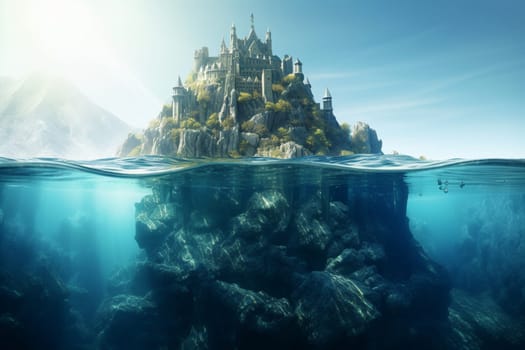 Discover a castle in the middle of the sea, perched atop an underwater mountain. The castle is surrounded by crystal clear waters and colorful marine life. The photorealistic rendering captures every sparkling detail of this awe-inspiring scene. (generative AI)
