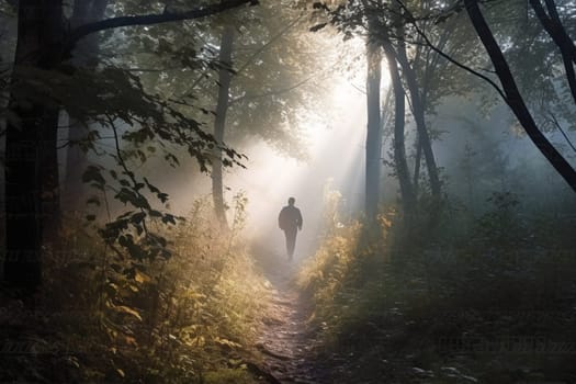 A man hikes through a misty forest at dawn, surrounded by the mystical beauty of nature. The dreamy, atmospheric surroundings create a serene and warm atmosphere, perfect for an adventurous hike. The mist adds to the mystery and intrigue of the scene, evoking feelings of wonder and appreciation. This photo can evoke feelings of adventure, awe, and inspiration. (generative AI)