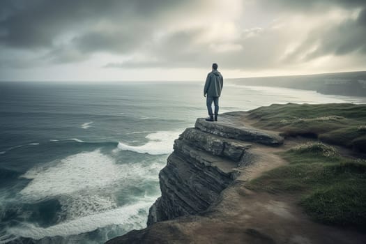 A man stands at the edge of a cliff, looking out over the vast expanse of the ocean. The panoramic view is breathtaking and majestic, creating a moody and powerful atmosphere. The natural surroundings add to the reflective and inspiring quality of the scene, evoking feelings of awe and wonder. This photo can evoke feelings of power, inspiration, and introspection. (generative AI)