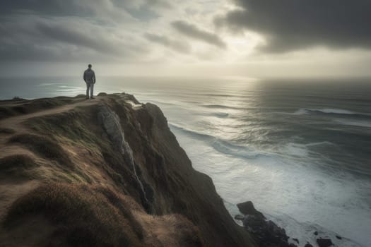 A man stands at the edge of a cliff, looking out over the vast expanse of the ocean. The panoramic view is breathtaking and majestic, creating a moody and powerful atmosphere. The natural surroundings add to the reflective and inspiring quality of the scene, evoking feelings of awe and wonder. This photo can evoke feelings of power, inspiration, and introspection. (generative AI)