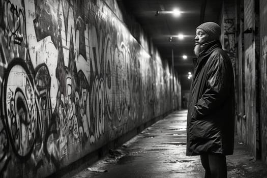 A man stands in front of a graffiti-covered wall, lost in thought as he contemplates life. The scene is gritty and moody, with a serious and contemplative quality. This scene can evoke feelings of reflection, thought-provocation, and urban identity. (generative AI)