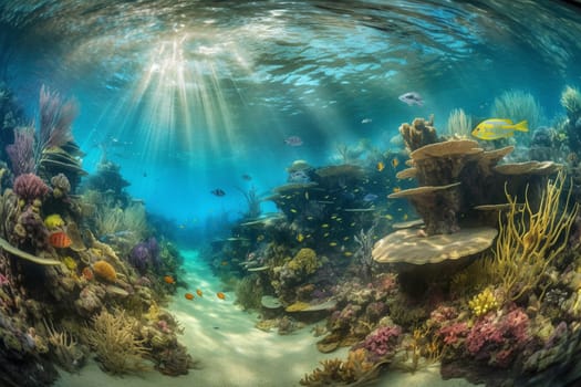 Gaze in awe at a stunning underwater archipelago that stretches as far as the eye can see. The panoramic view captures the vastness of the scene, while the photorealistic rendering and vibrant colors bring the landscape to life. (generative AI)