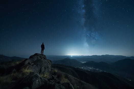 A man lies on his back on a mountaintop, gazing up at the vast and infinite night sky. The scene is mystical and powerful, with the grandeur of the mountains and the darkness of the night adding to the sense of awe-inspiring beauty. The man is in a state of contemplation, reflecting upon his place in the universe and the vastness of existence. This scene can evoke feelings of wonder, awe, and introspection. (generative AI)