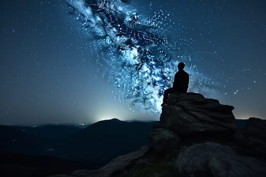 A man lies on his back on a mountaintop, gazing up at the vast and infinite night sky. The scene is mystical and powerful, with the grandeur of the mountains and the darkness of the night adding to the sense of awe-inspiring beauty. The man is in a state of contemplation, reflecting upon his place in the universe and the vastness of existence. This scene can evoke feelings of wonder, awe, and introspection. (generative AI)