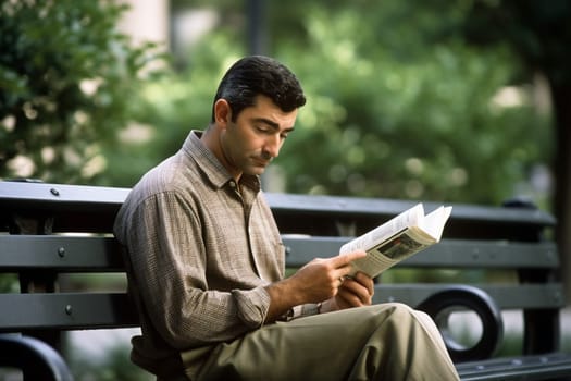 A man sits on a quiet park bench, engrossed in a book as nature surrounds him with its simple beauty. The scene is relaxed and peaceful, with the greenery of the park adding to the sense of solitude and calm. The man is in a state of introspection, lost in the intellectual world of his book and the beauty of nature. This scene can evoke feelings of relaxation, peace, and intellectuality. (generative AI)