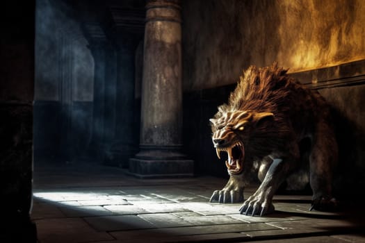 The manticore is a legendary creature with the body of a lion, the tail of a scorpion, and the wings of a bat. This creature can be seen lurking in the shadows of an ancient temple, its sharp teeth and glowing eyes visible in the dimly lit scene. The dramatic lighting and high contrast only add to the eerie atmosphere of the shot. (generative AI)