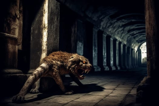 The manticore is a legendary creature with the body of a lion, the tail of a scorpion, and the wings of a bat. This creature can be seen lurking in the shadows of an ancient temple, its sharp teeth and glowing eyes visible in the dimly lit scene. The dramatic lighting and high contrast only add to the eerie atmosphere of the shot. (generative AI)