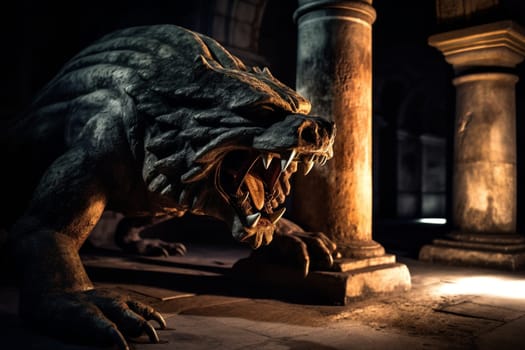 The manticore is a legendary creature with the body of a lion, the tail of a scorpion, and the wings of a bat. This creature can be seen lurking in the shadows of an ancient temple, its sharp teeth and glowing eyes visible in the dimly lit scene. The dramatic lighting and high contrast only add to the eerie atmosphere of the shot. (generative AI)